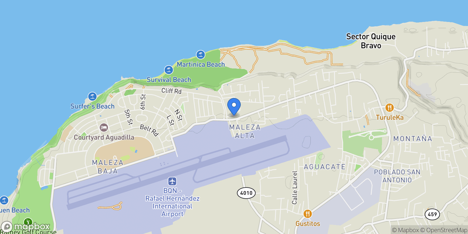 Map showing Aguadilla CARR.110 KM.32.8, Maleza Alta, Aguadilla, Puerto Rico.