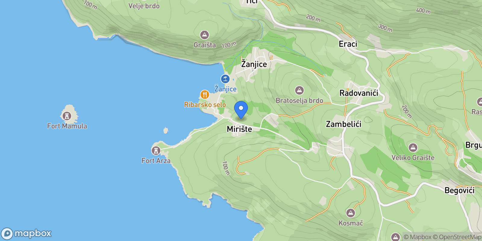 Map showing Mirista, Herceg Novi, Mirišta, Herceg Novi Municipality, Montenegro.