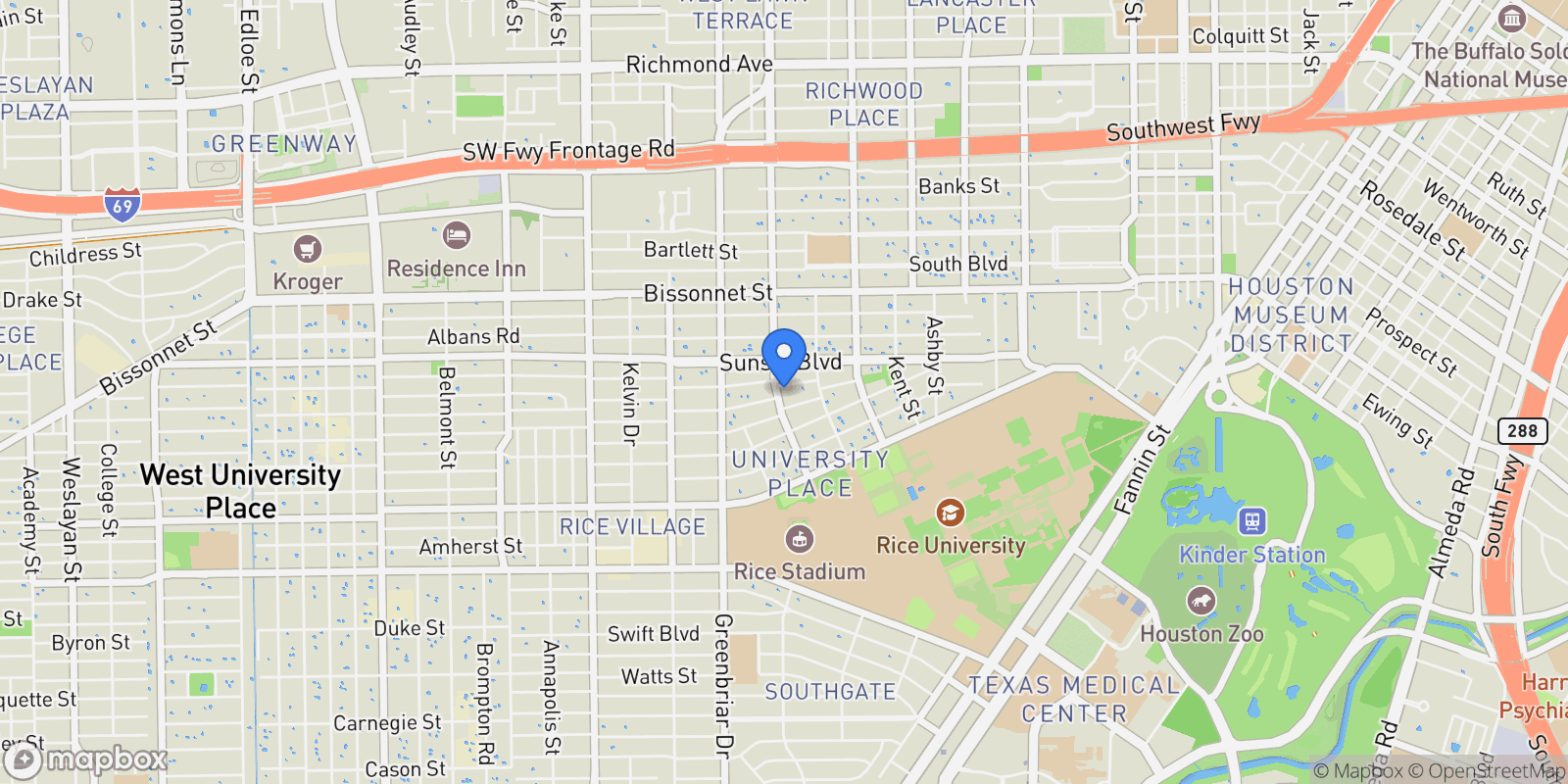 Map showing 2135 Quenby Street, Houston, Texas, United States.