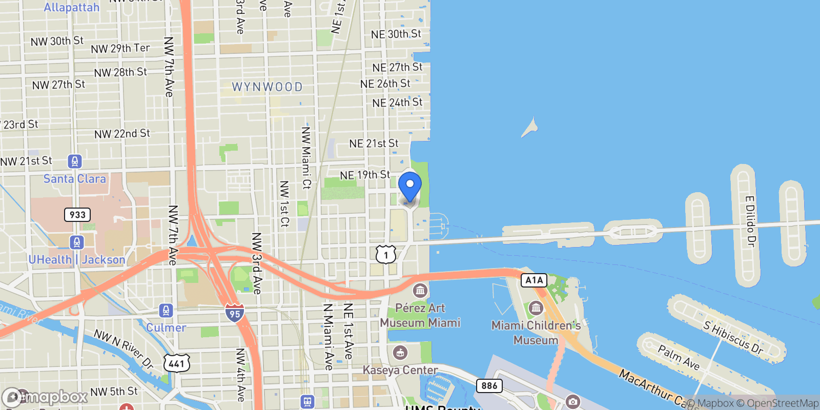 Map showing 1750 N Bayshore Dr, Miami, Florida, United States.
