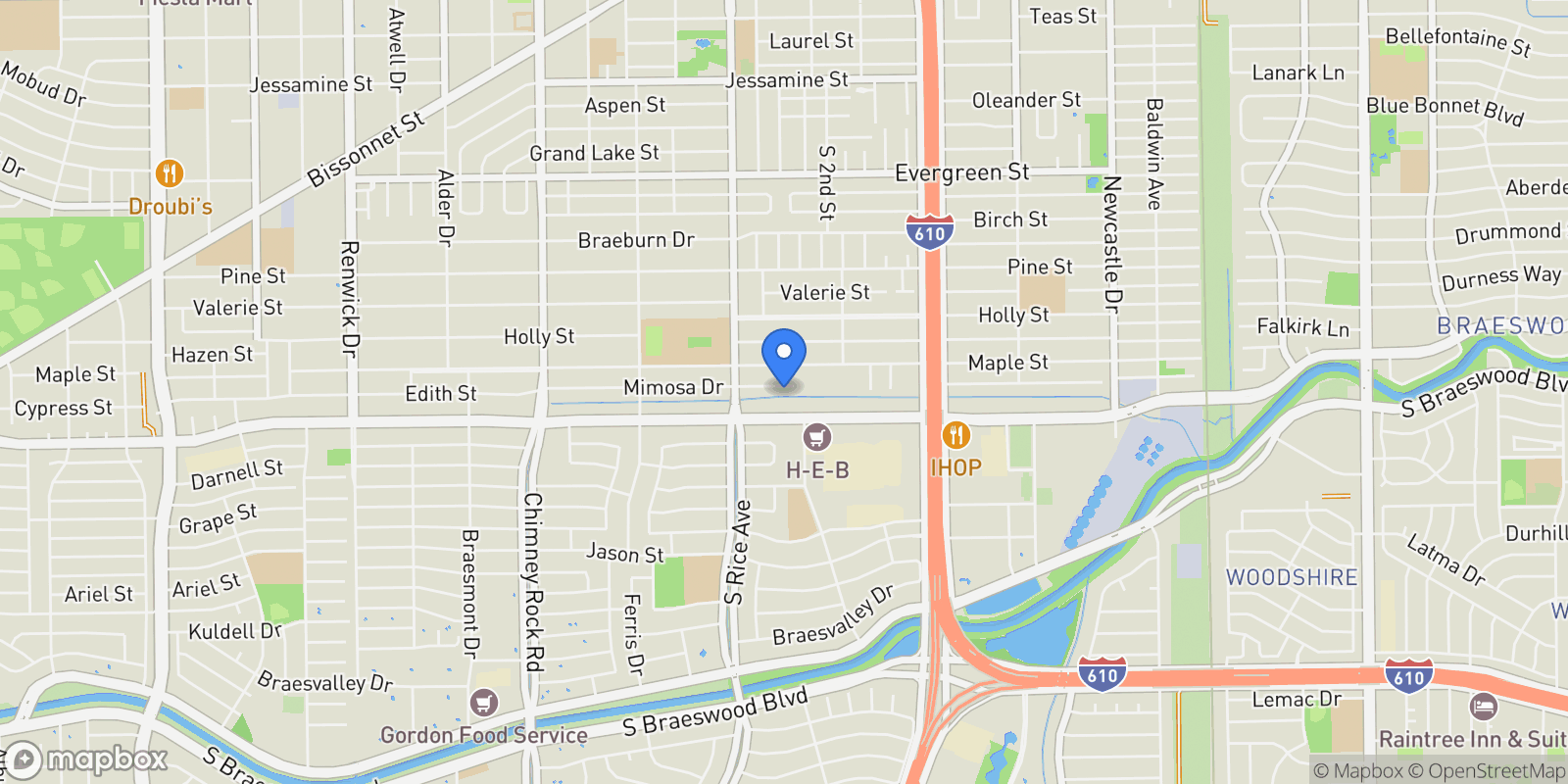 Map showing 4923 Mimosa Street, Bellaire, Texas, United States.