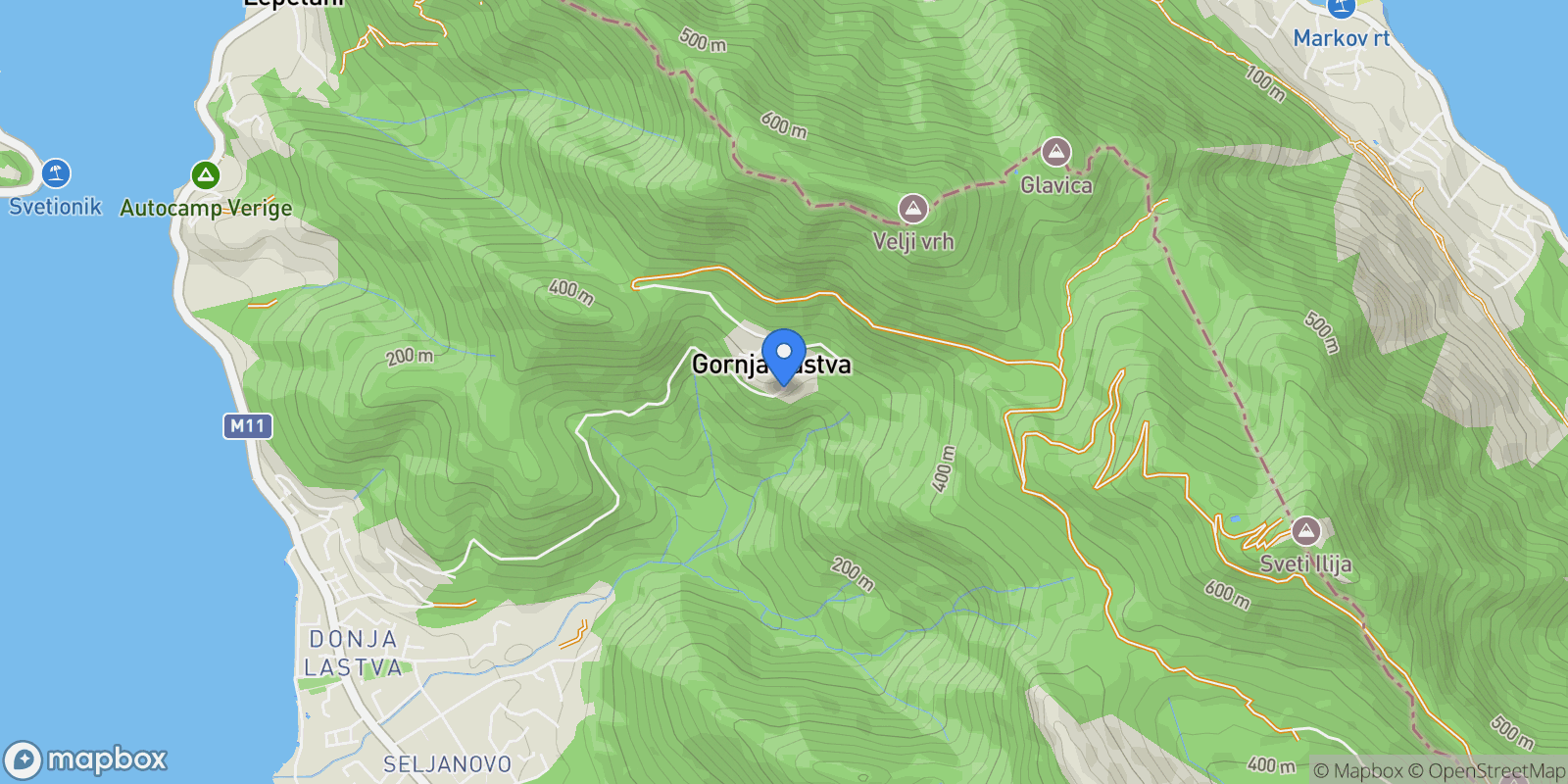 Map showing Gornja Lastva, Tivat, Gornja Lastva, Kotor Municipality, Montenegro.