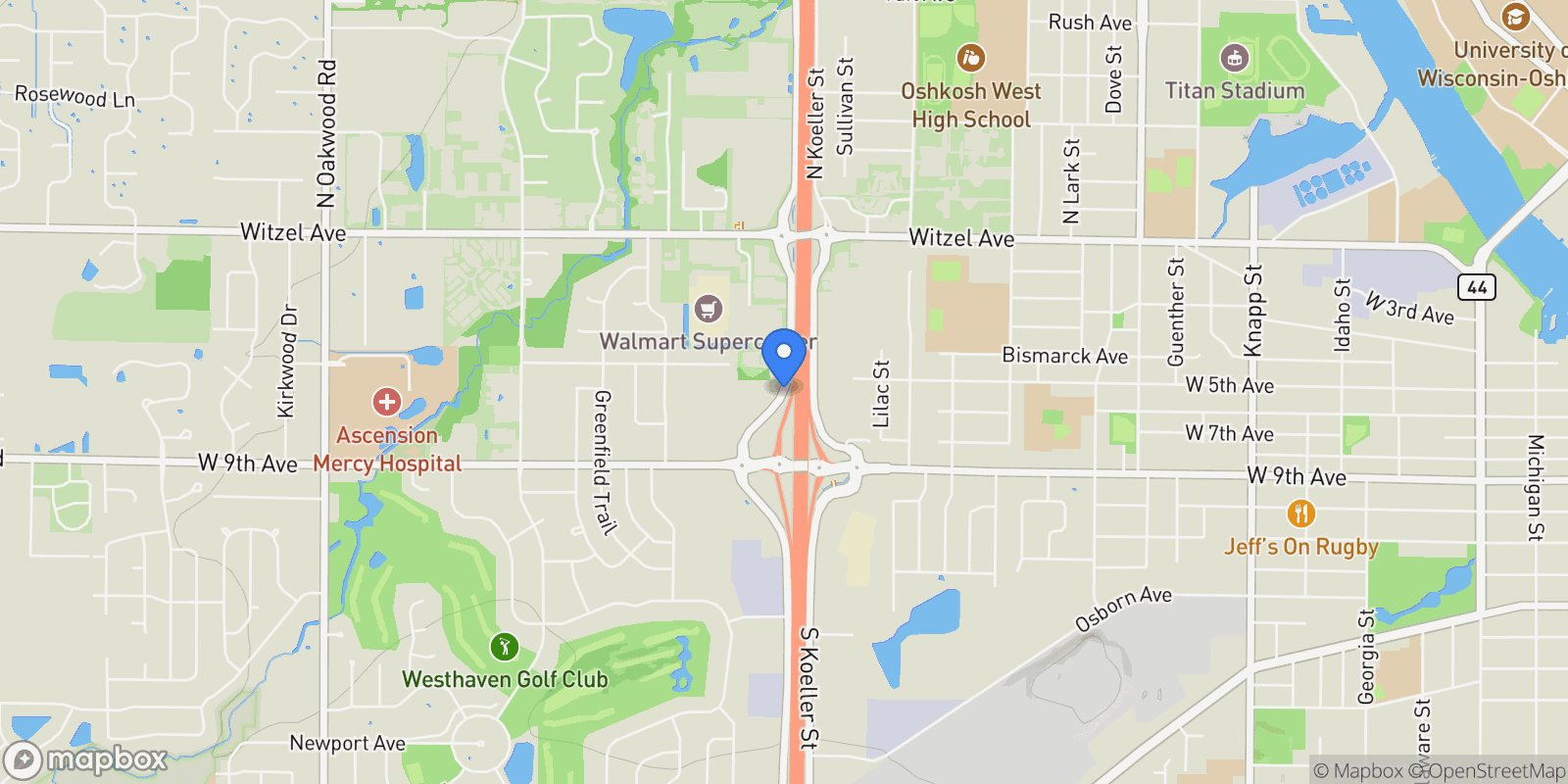 Map showing S Washburn Street, Oshkosh, WI 54904, Oshkosh, Wisconsin, United States.