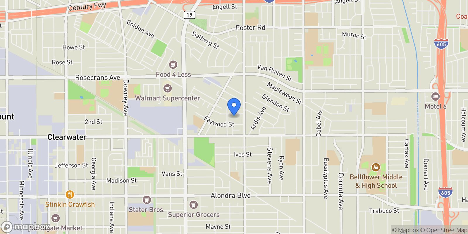 Map showing 9324 Mandale Street, Bellflower, California, United States.
