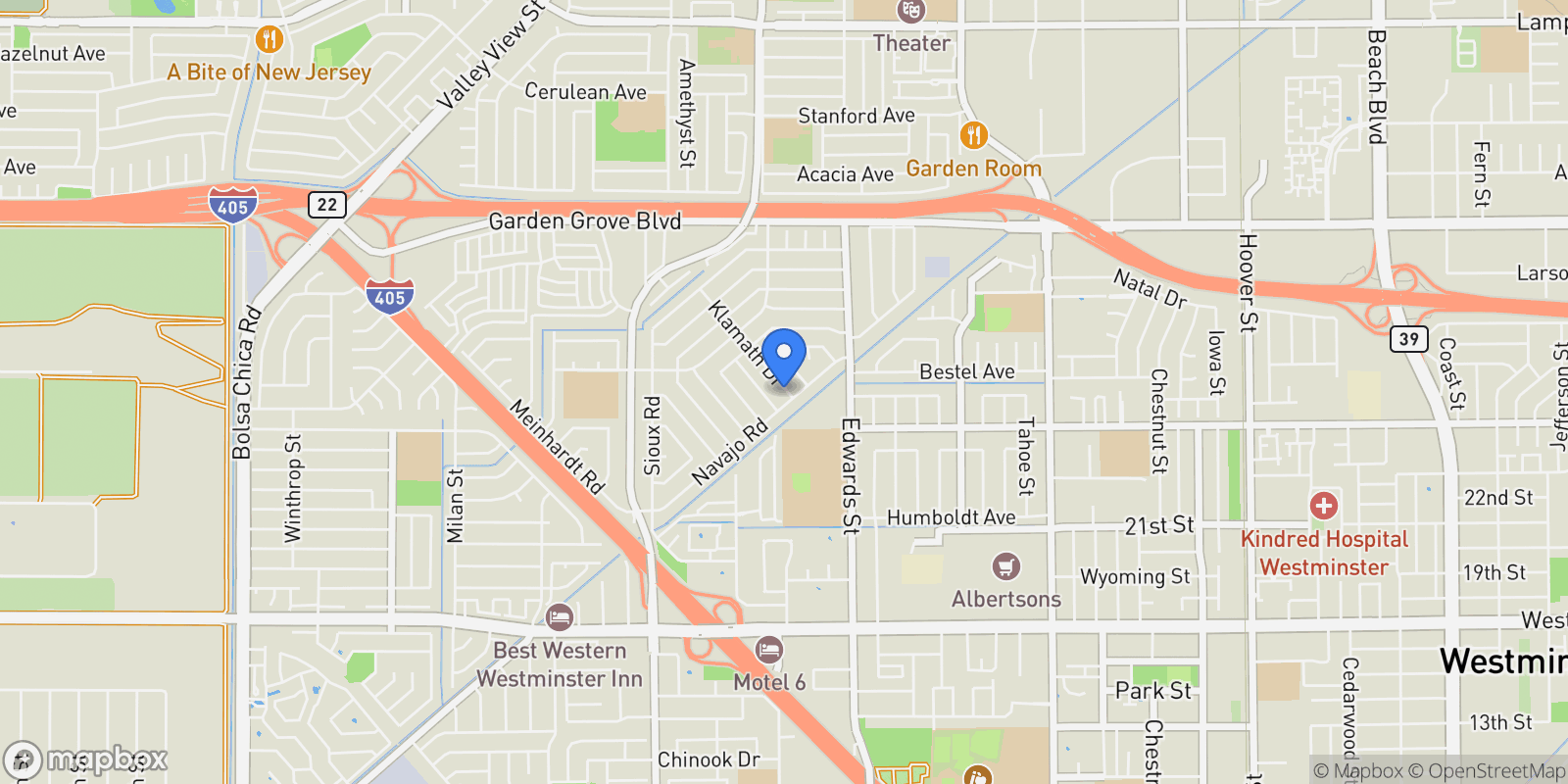 Map showing 6382 Klamath Drive, Westminster, California, United States.