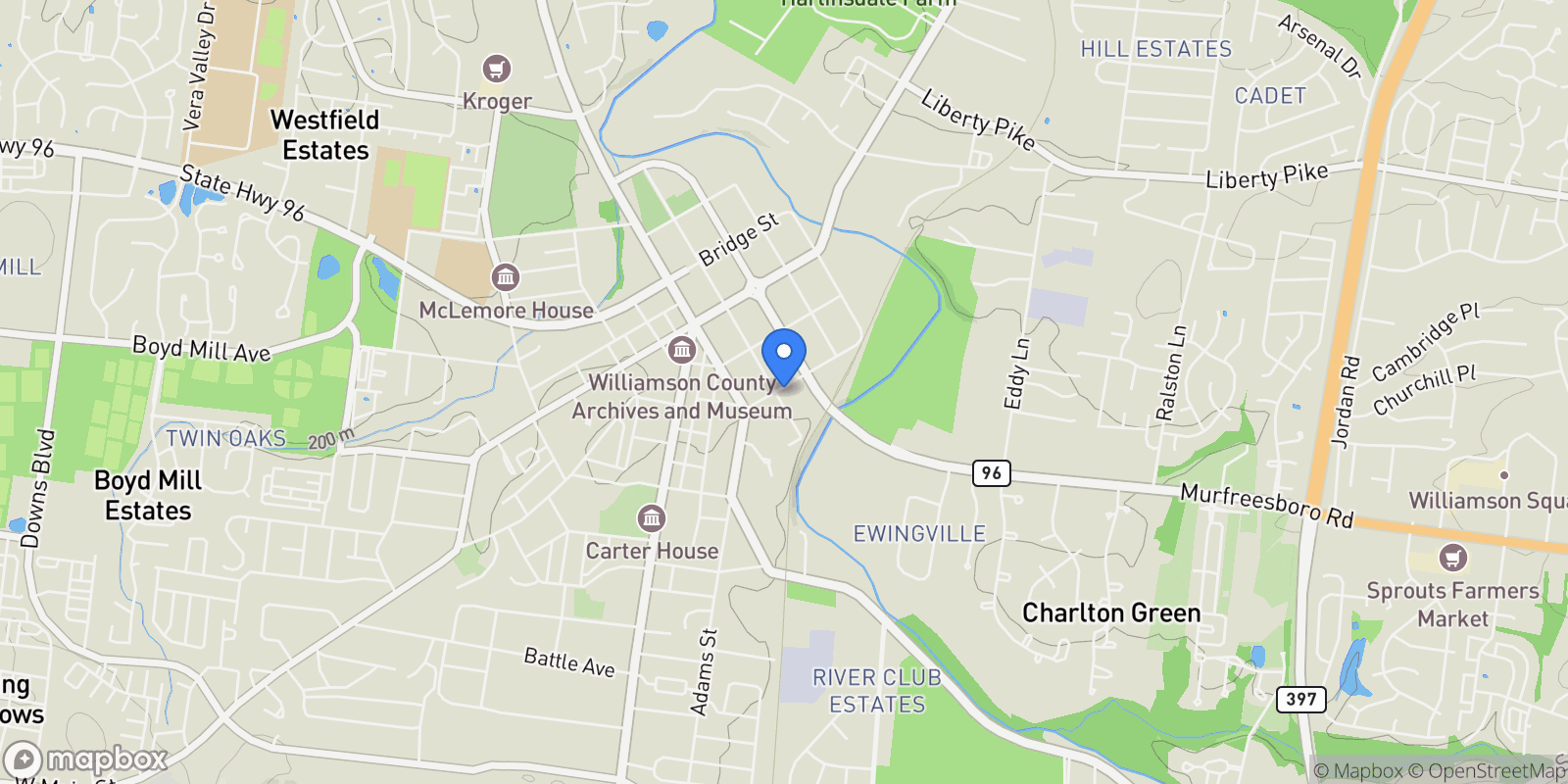 Map showing 305 4th Ave S, Franklin, Tennessee, United States.