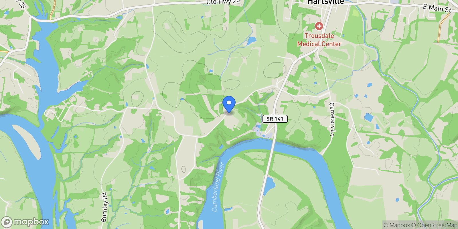 Map showing 545 Puryears Bend Rd, 37074, Tennessee, United States.