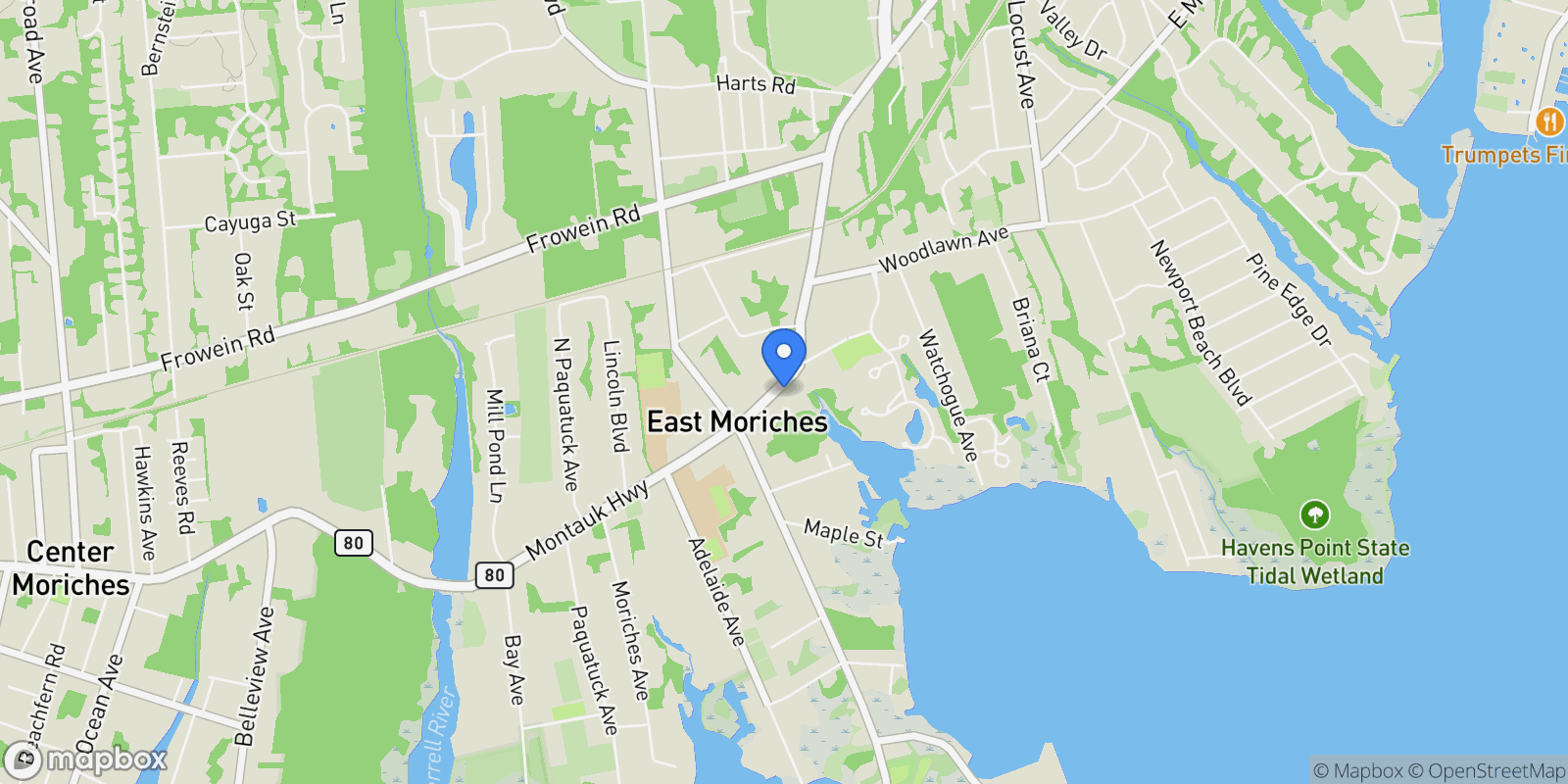Map showing 430 Montauk Highway, East Moriches, NY 11940, East Moriches, New York, United States.