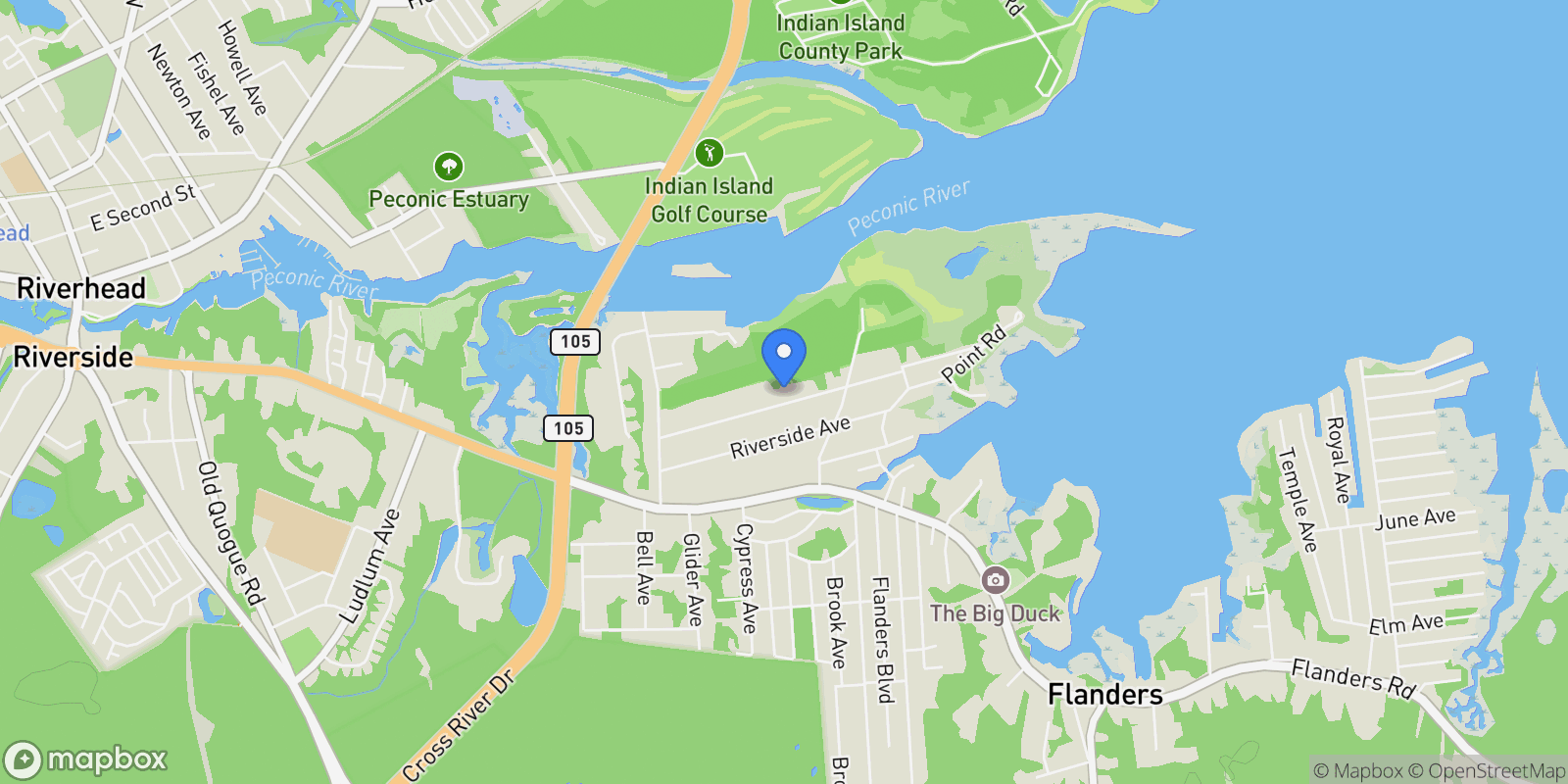 Map showing 128 Priscilla Avenue, Flanders, NY 11901, Jamesport, New York, United States.