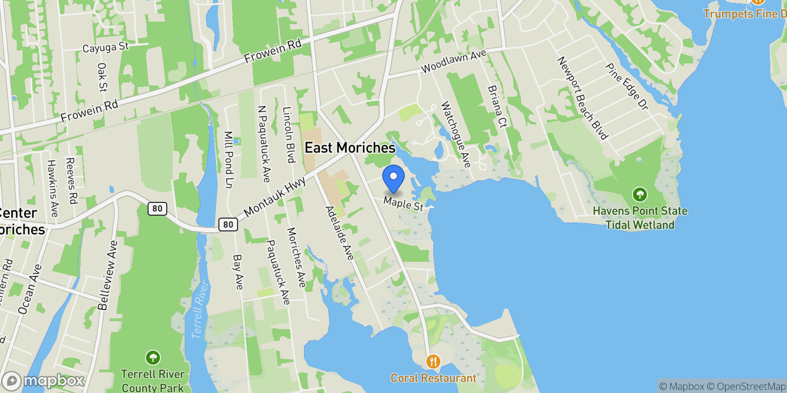 Map showing 17 Maple Avenue, East Moriches, NY 11940, East Moriches, New York, United States.