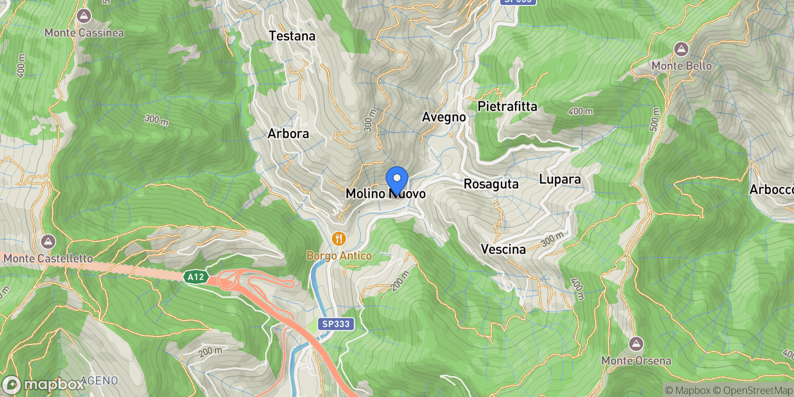 Map showing Passo della Spinarola, Molino Nuovo, Liguria, Italy.