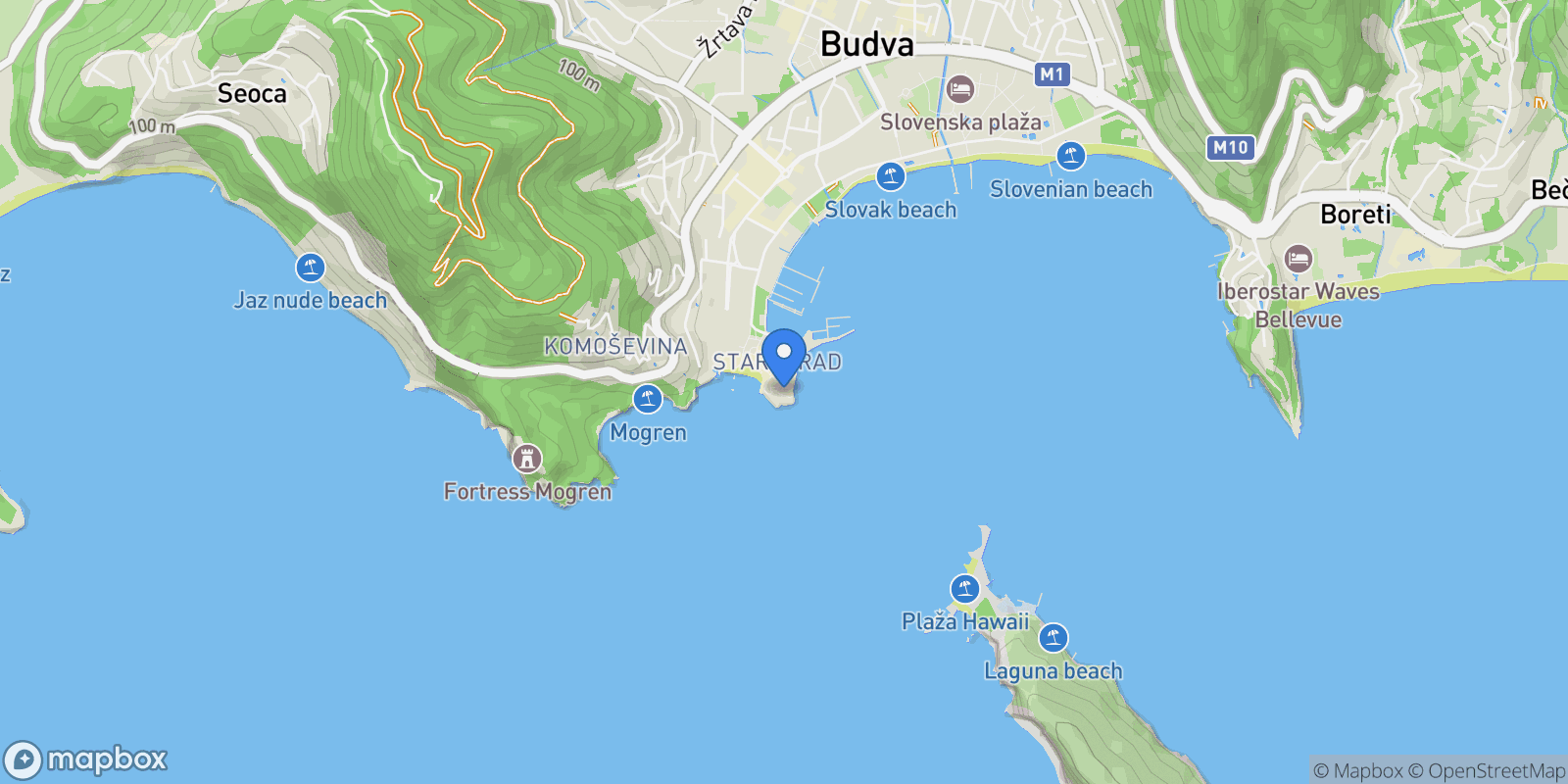 Map showing Old Town, Budva, Budva, Budva Municipality, Montenegro.