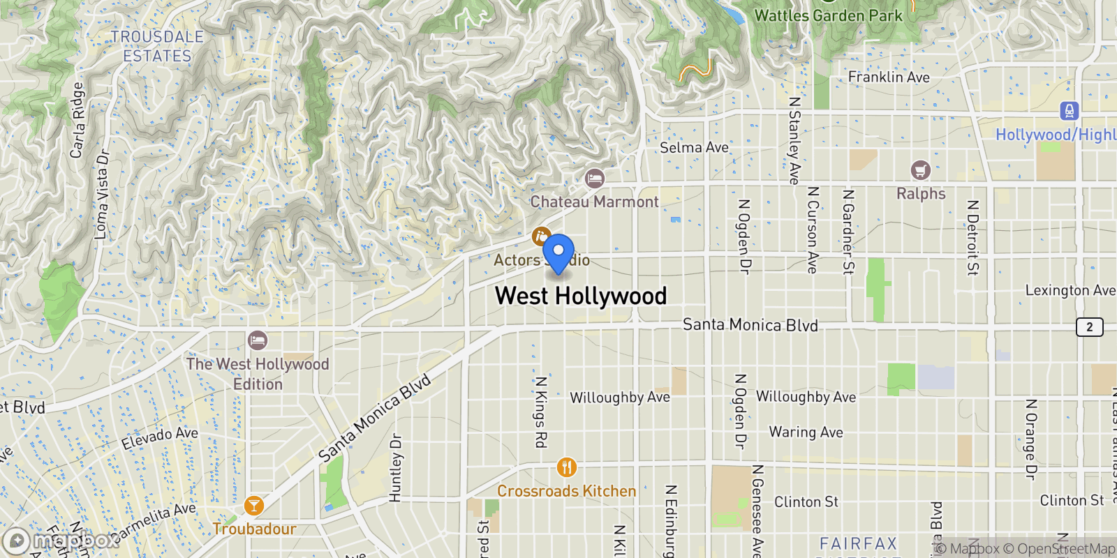 Map showing 1253 N Sweetzer 3, Los Angeles, California, United States.