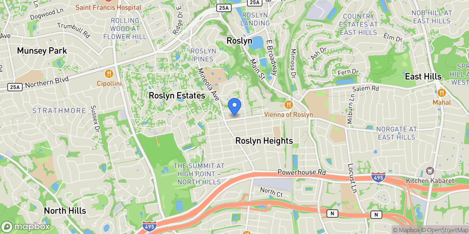 Map showing 99 Warner Avenue, Roslyn Heights, NY 11577, Albertson, New York, United States.