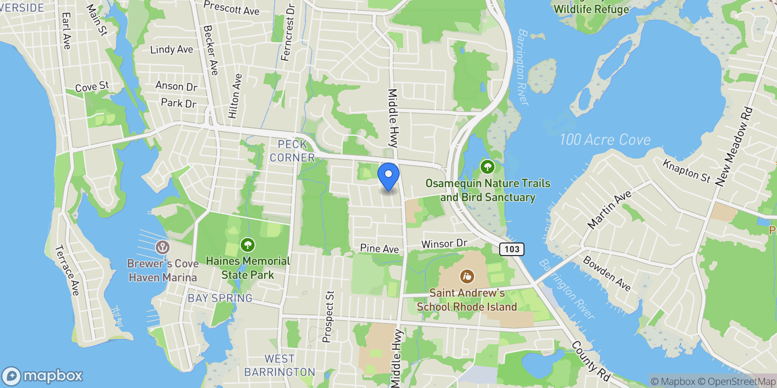 Map showing 5 Hancock Road, Barrington, RI, 02806, USA, Barrington, Rhode Island, United States.