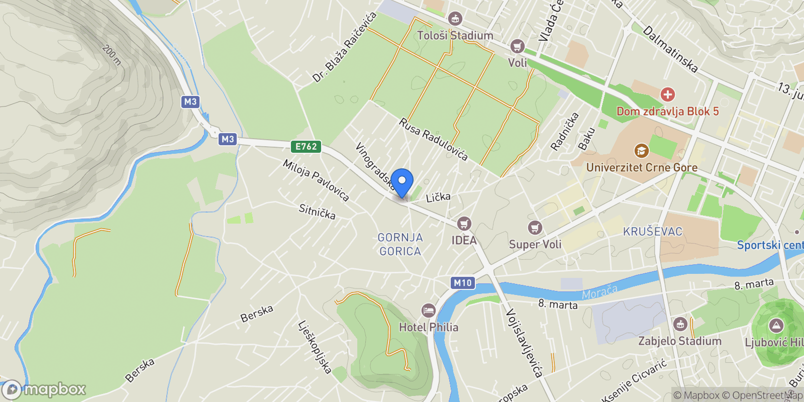 Map showing Gornja Gorica, Podgorica, Podgorica, Podgorica Municipality, Montenegro.
