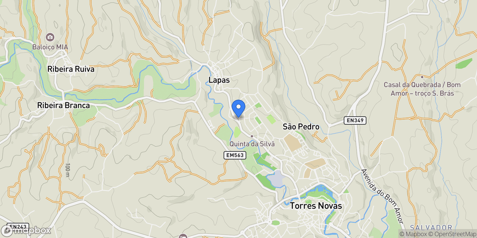 Map showing Torres Novas (São Pedro), Lapas e Ribeira Branca, Santarém, Sao Pedro, Lapas e Ribeira Branca, Santarem District, Portugal.