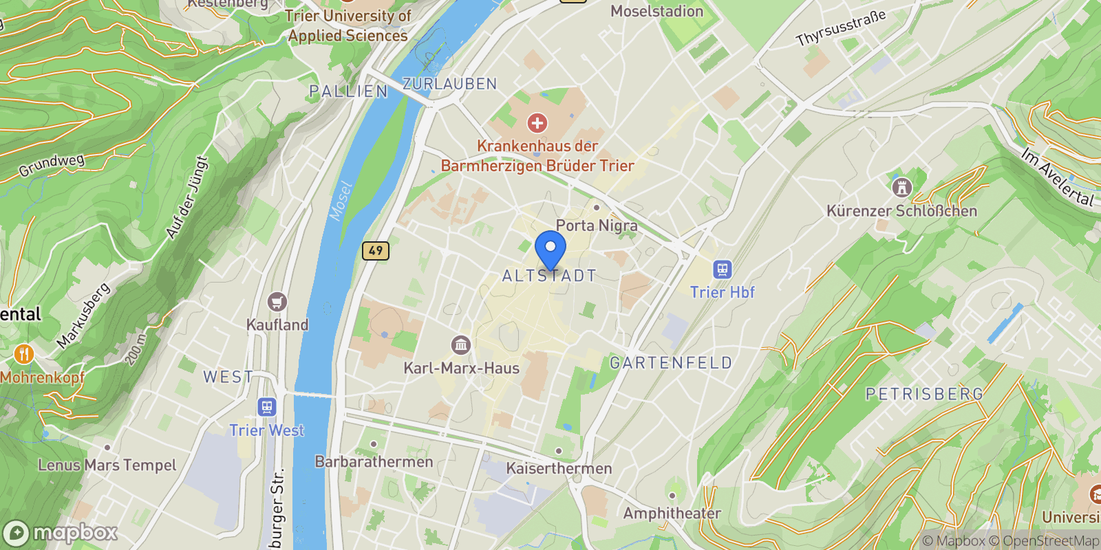 Map showing Trier, Rhineland-Palatinate, Germany.