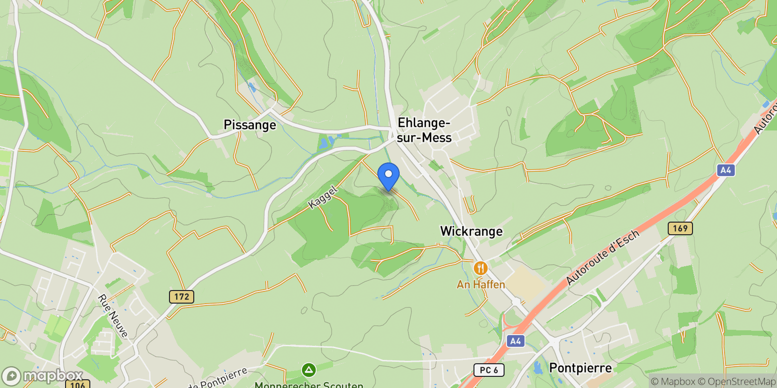 Map showing Reckange-sur-Mess, Esch-sur-Alzette, Luxembourg.