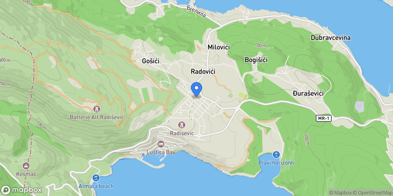Map showing Radovici, Tivat, Milovići, Tivat Municipality, Montenegro.