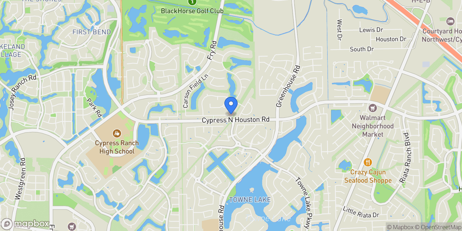 Map showing 11302 Cypress Creek Lakes Drive, Houston, Texas, United States.
