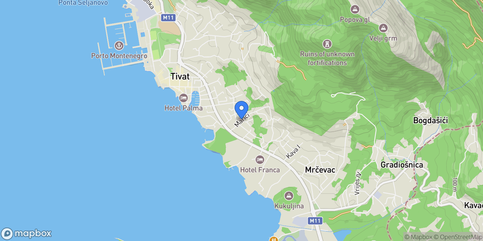 Map showing Marici, Tivat, Tivat, Tivat Municipality, Montenegro.