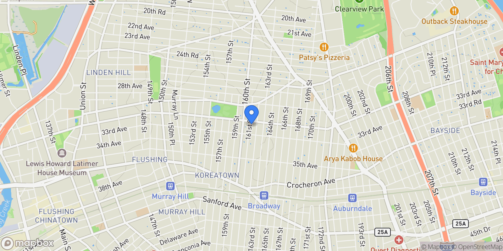 Map showing 32-15 161st Street , Flushing, NY 11358, New York, New York, United States.