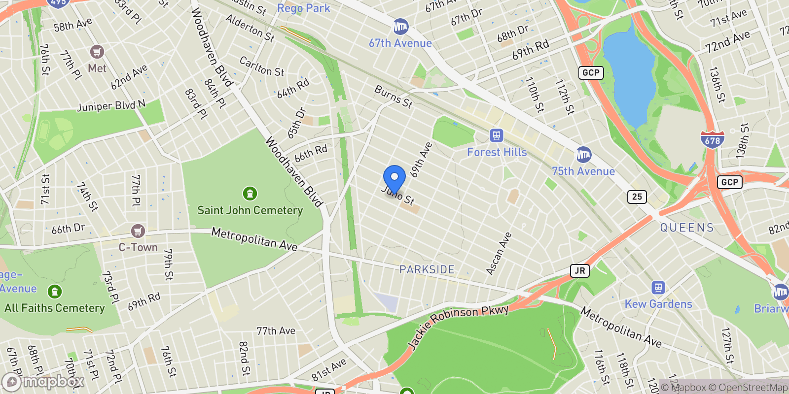 Map showing 68-48 Juno Street , Forest Hills, NY 11375, New York, New York, United States.