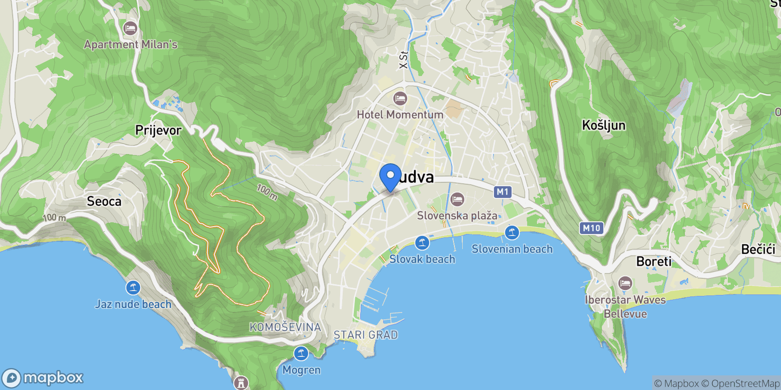 Map showing Center, Budva, Budva, Budva Municipality, Montenegro.